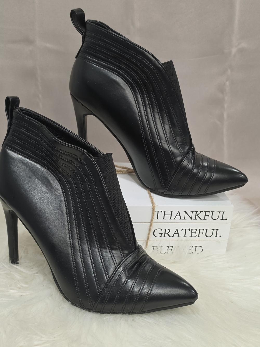 Black Pointed Stitched Leather Ankle Booties